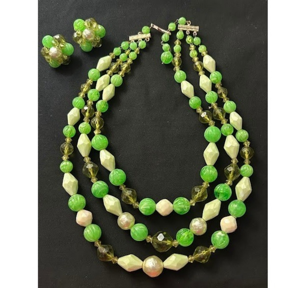 Vintage West Germany Green Beaded 3 Strand Necklace and Clip On Earrings Set